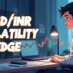 Illustration of USD/INR volatility hedge showing currency charts and protective shield