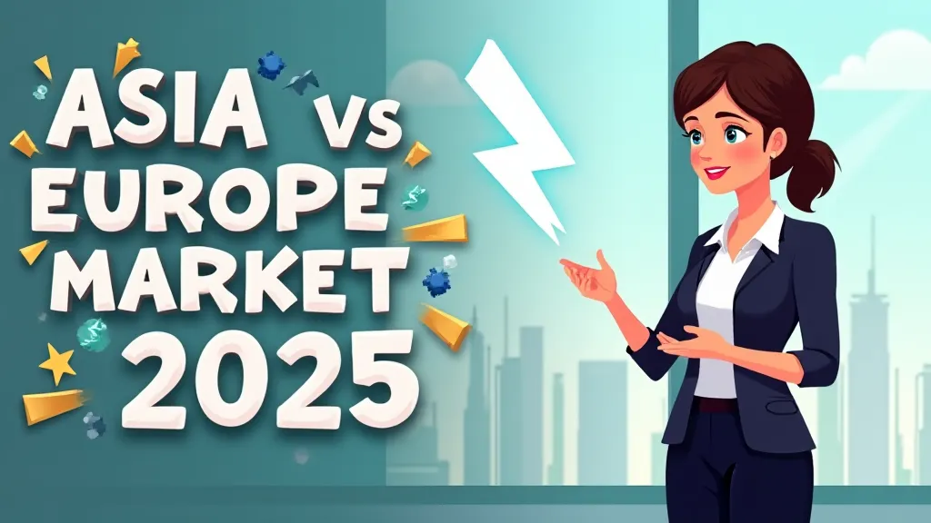 Illustration of Asia vs Europe markets 2025 showing economic scales and policy documents