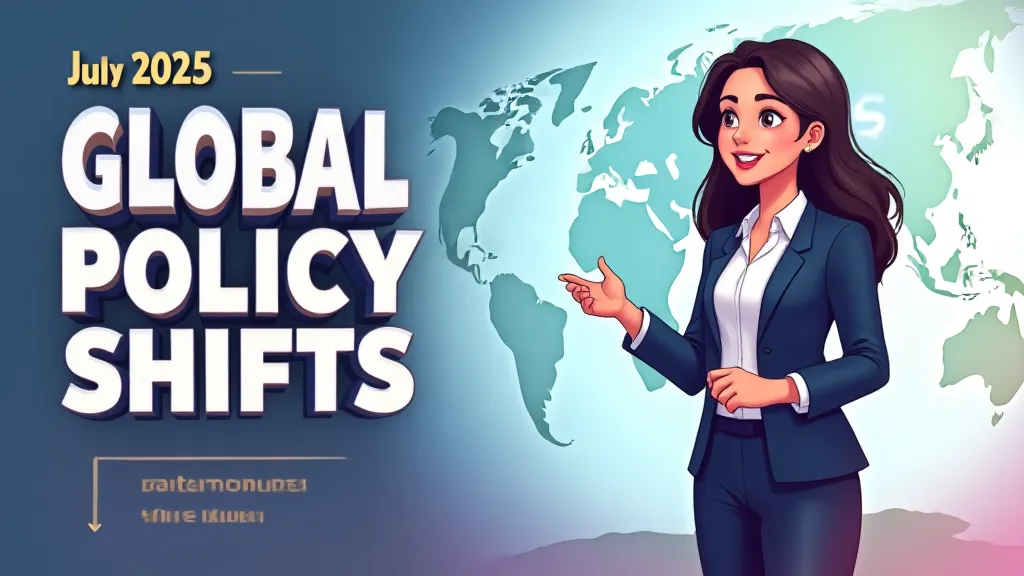 Illustration of July 2025 Global Policy Shifts showing interconnected global economy with policy documents and regional flags