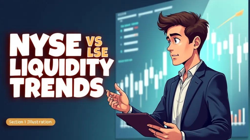 Illustration of NYSE vs LSE liquidity trends showing trading floor activity and stock charts