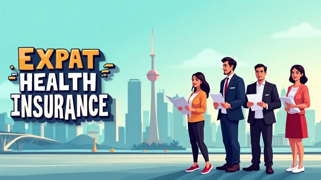 Illustration showing diverse expats reviewing health insurance documents across UAE, Singapore and Germany locations