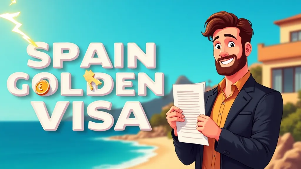 Illustration of Spain Golden Visa 2025 showcasing Costa del Sol properties and residency documents