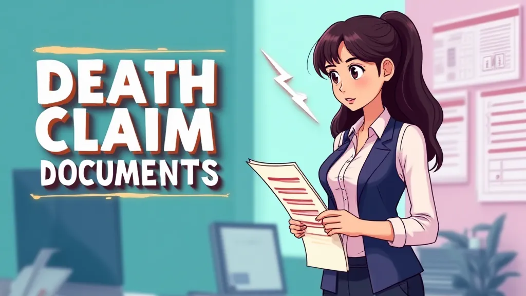 Illustration showing stack of essential death claim documents: death certificate, policy bond, medical reports, ID proofs, and claim form