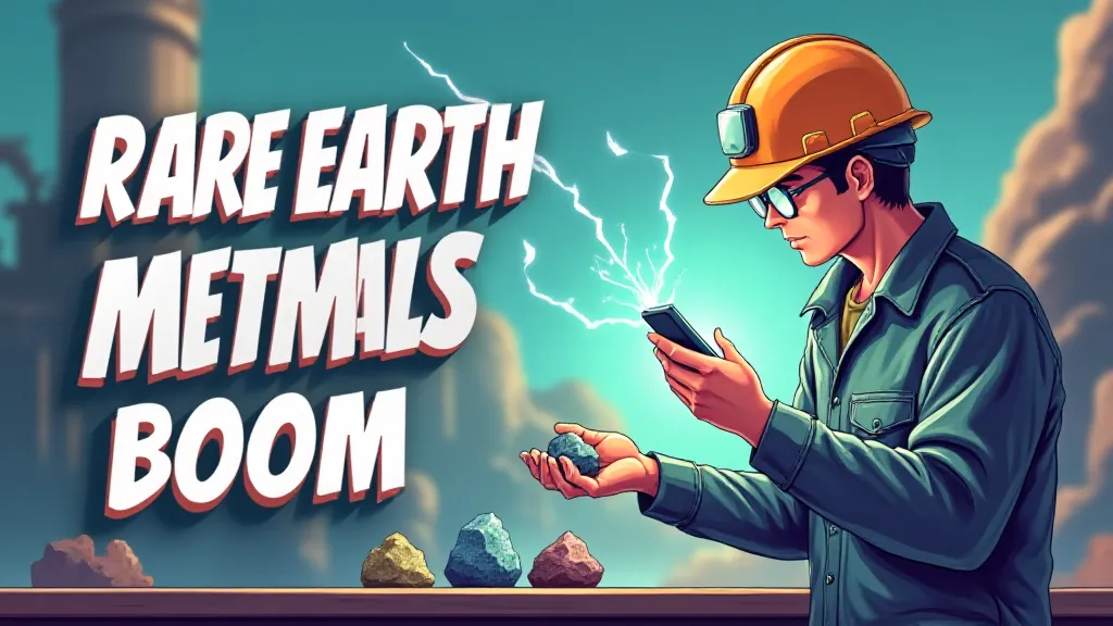 Illustration depicting global rare earth metals boom with mining operations and technology applications