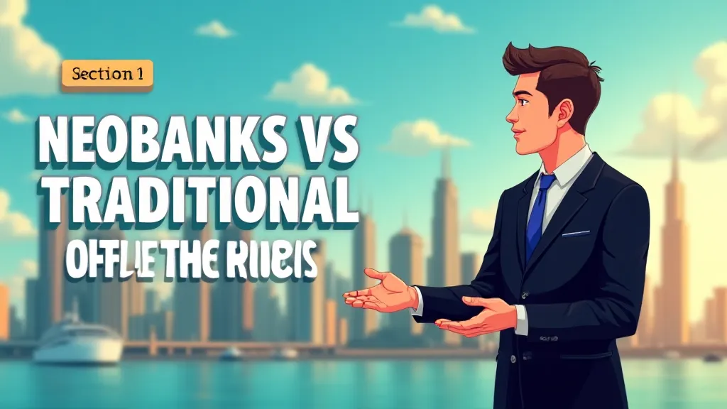 Illustration of Neobanks vs Traditional Offshore Hubs with Cayman Islands and Dubai DIFC skyline comparison