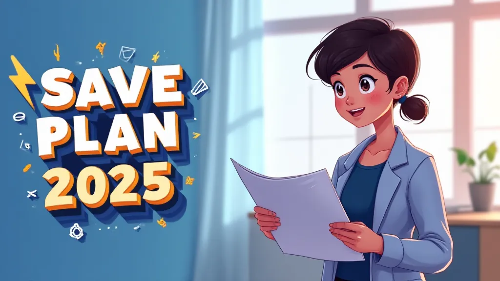Illustration of SAVE Plan 2025 showing a person holding a document with a downward-trending graph and dollar signs