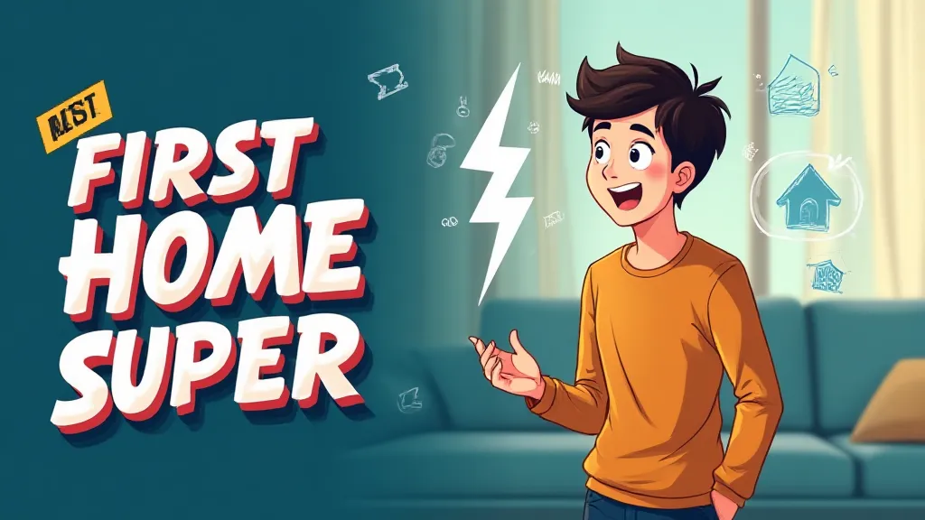 Illustration of a young couple holding keys to their new home with a superannuation graph and house icon in the background, representing the First Home Super Saver Scheme