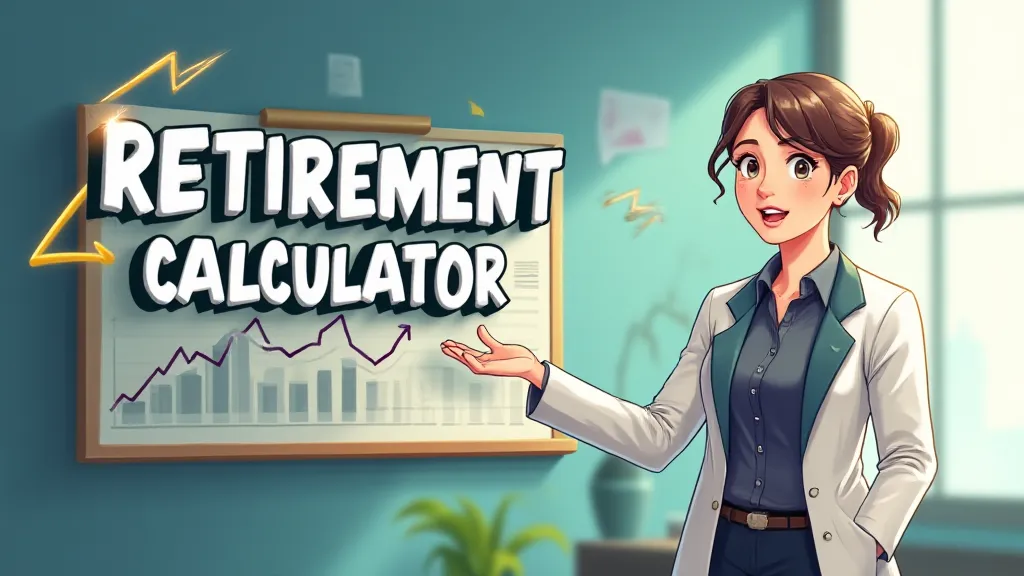 Illustration of retirement calculator showing a person relaxing on a beach with financial charts and a calculator in the foreground