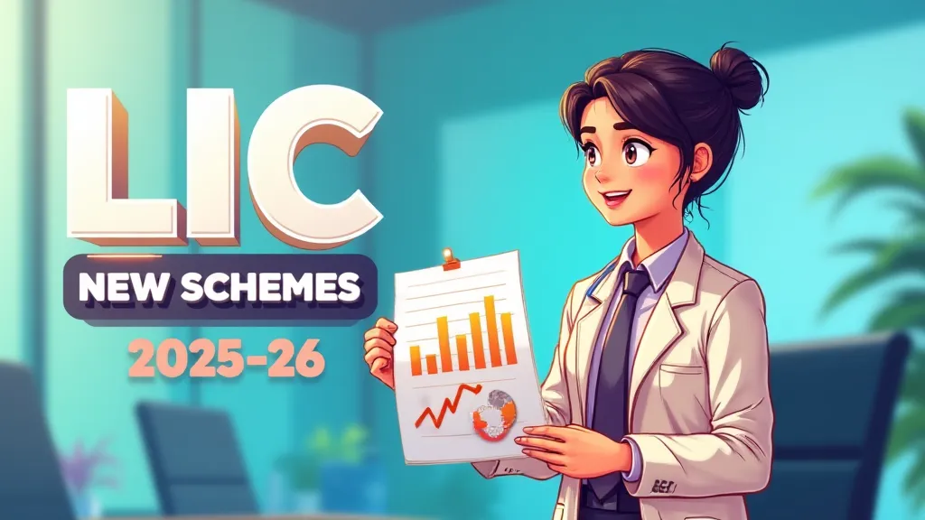 Illustration of LIC नई योजनाएँ 2025-26. LIC की विभिन्न नई बीमा योजनाओं को दर्शाता हुआ आकर्षक विजुअल